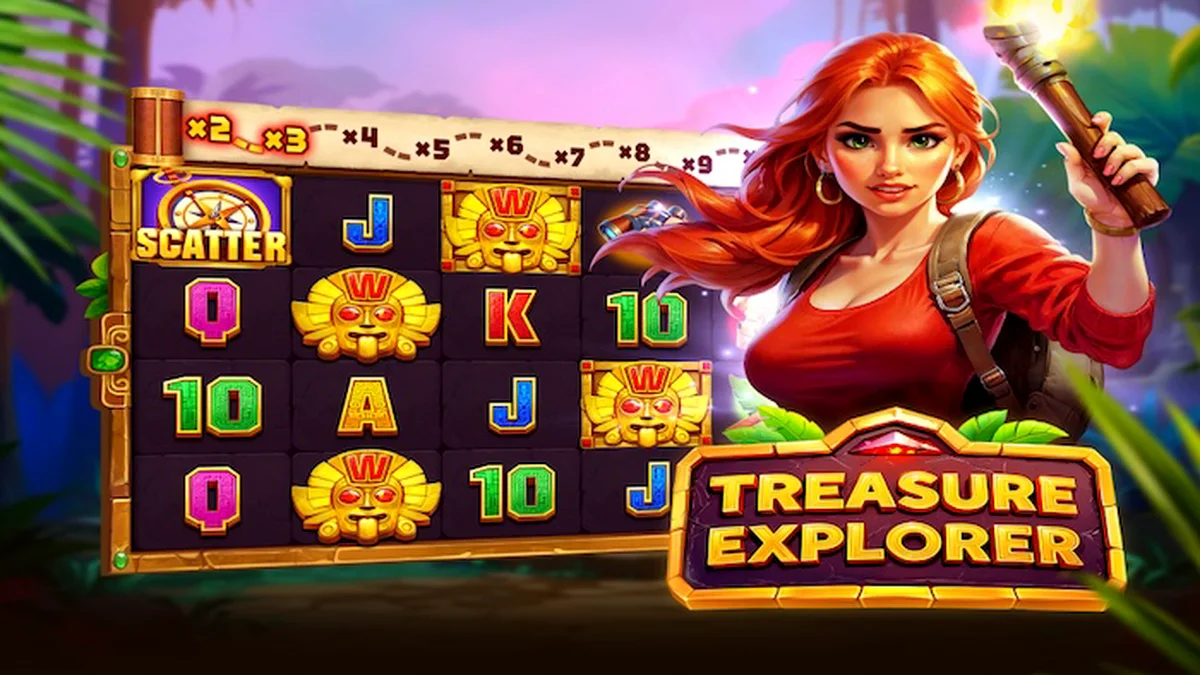 Pemandangan hutan misterius dengan gulungan slot Treasure Explorer