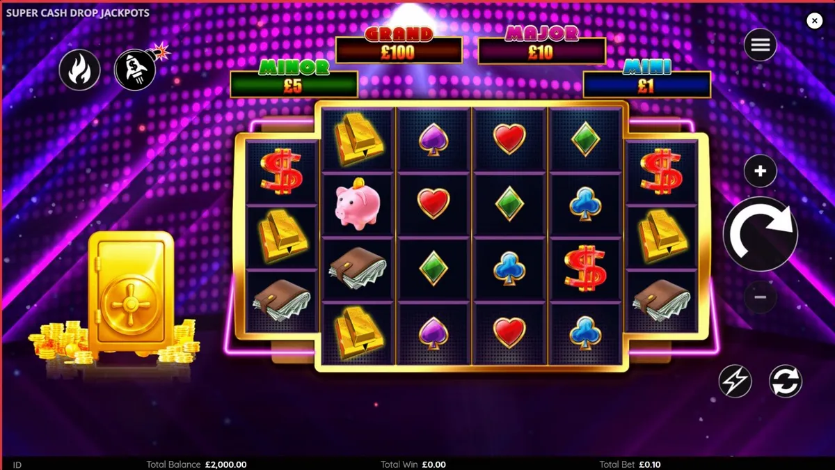 Tampilan layar neon futuristik dari slot Super Cash Drop Jackpots